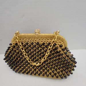 Vintage 50's Womens Gold Black Purse Bag Styled by Simon Italy Weave Beads Night